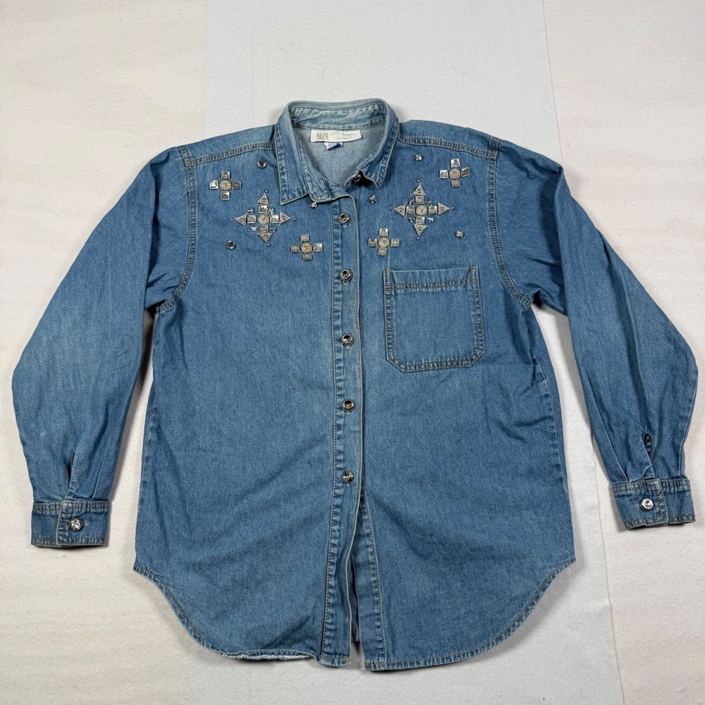 Vintage 90s Monique Fashions Denim Studded Rhinestone Western Rodeo Shirt 12 USA